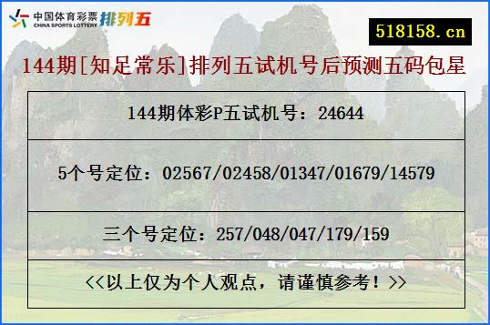 144期[知足常乐]排列五试机号后预测五码包星