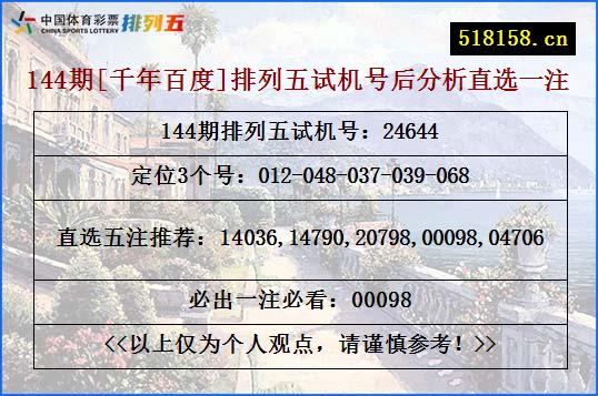 144期[千年百度]排列五试机号后分析直选一注