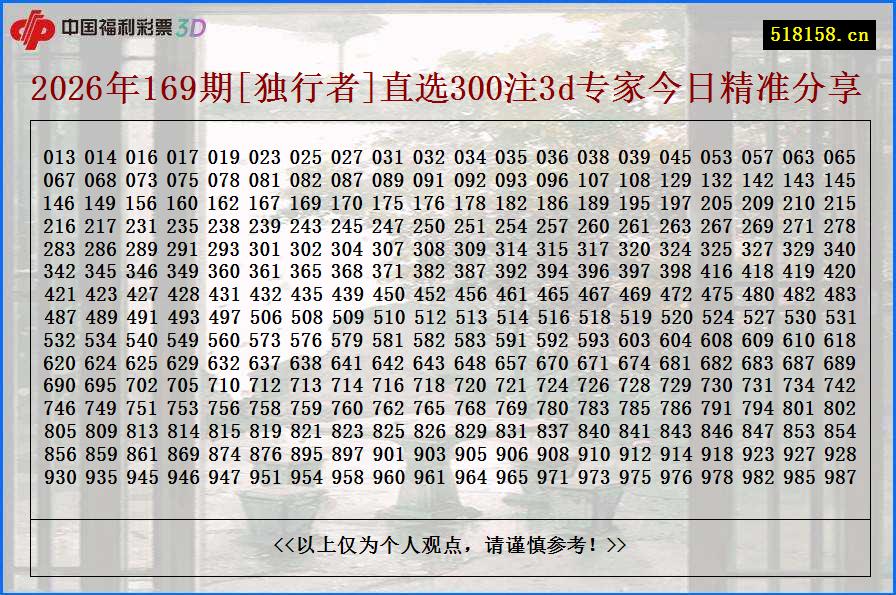 2026年169期[独行者]直选300注3d专家今日精准分享