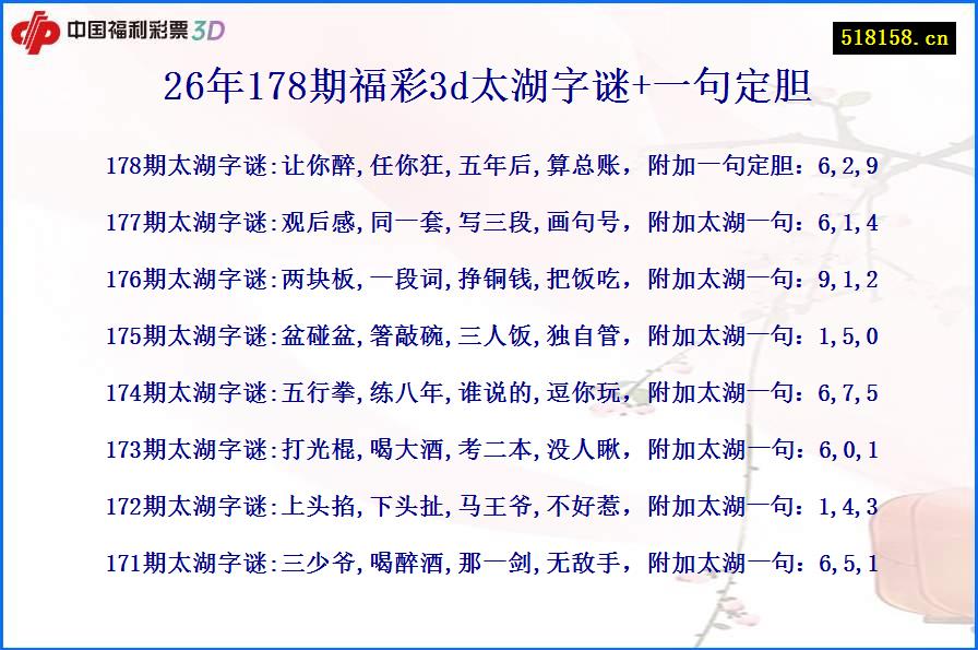 26年178期福彩3d太湖字谜+一句定胆