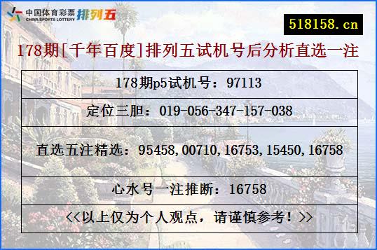 178期[千年百度]排列五试机号后分析直选一注