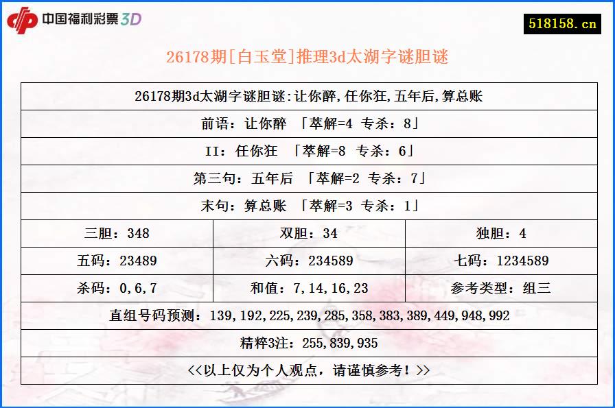 26178期[白玉堂]推理3d太湖字谜胆谜