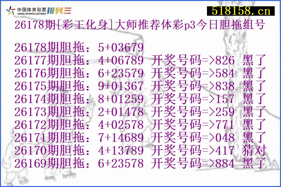 26178期[彩王化身]大师推荐体彩p3今日胆拖组号