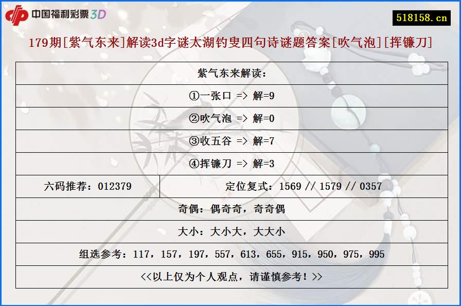 179期[紫气东来]解读3d字谜太湖钓叟四句诗谜题答案[吹气泡][挥镰刀]