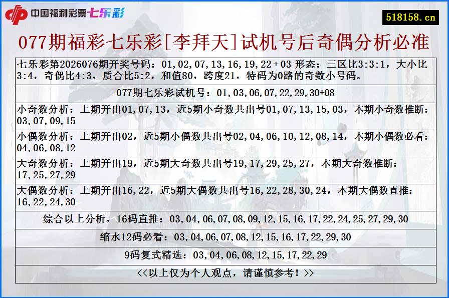 077期福彩七乐彩[李拜天]试机号后奇偶分析必准