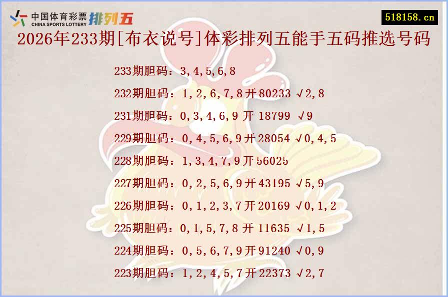 2026年233期[布衣说号]体彩排列五能手五码推选号码