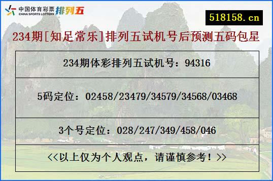 234期[知足常乐]排列五试机号后预测五码包星