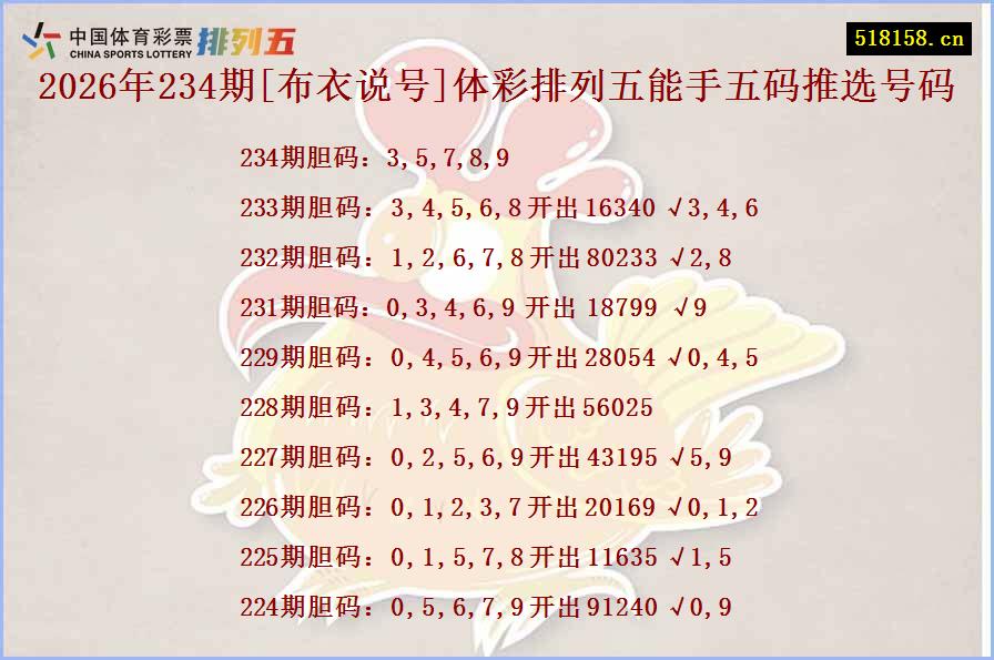 2026年234期[布衣说号]体彩排列五能手五码推选号码