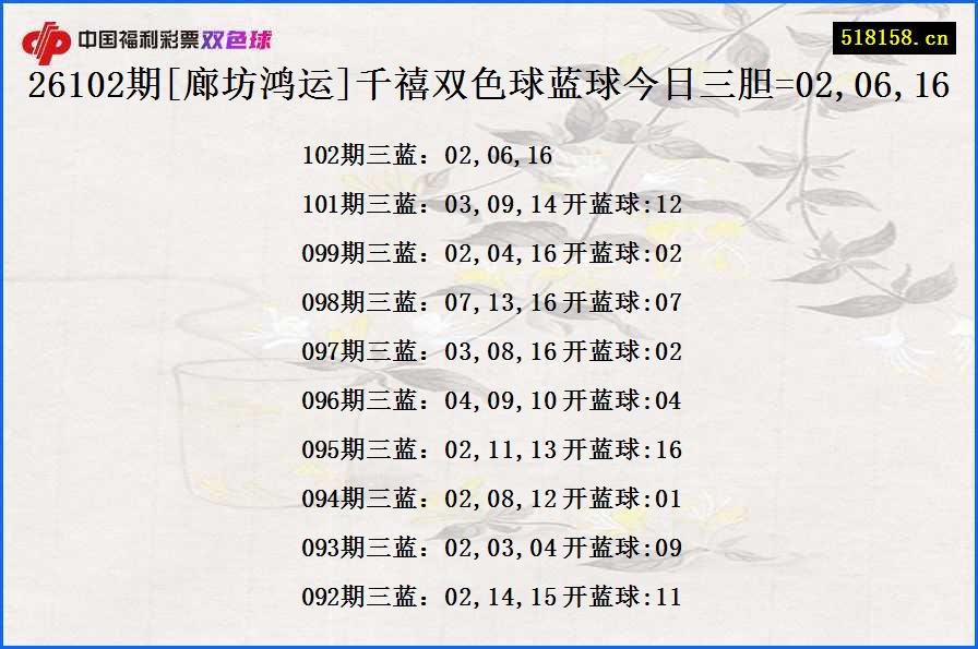 26102期[廊坊鸿运]千禧双色球蓝球今日三胆=02,06,16