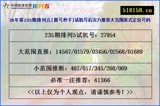 26年第235期排列五[摸号妙手]试机号后实力推荐大范围复式定位号码