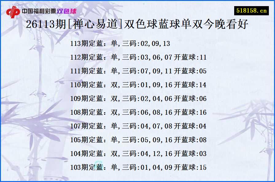 26113期[禅心易道]双色球蓝球单双今晚看好