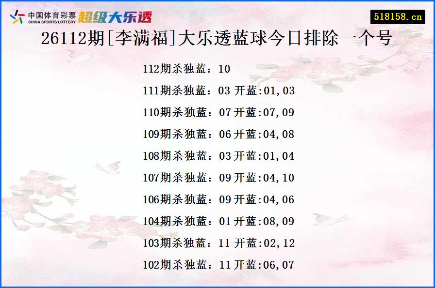 26112期[李满福]大乐透蓝球今日排除一个号