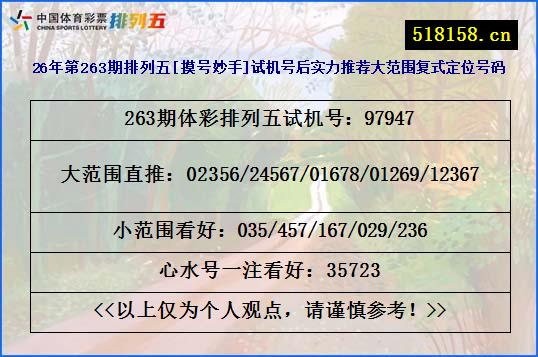 26年第263期排列五[摸号妙手]试机号后实力推荐大范围复式定位号码