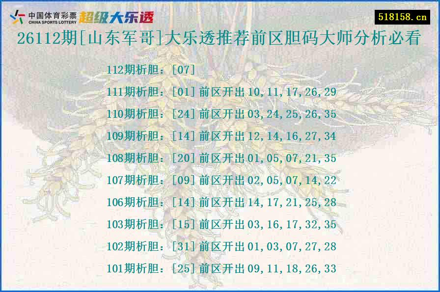 26112期[山东军哥]大乐透推荐前区胆码大师分析必看